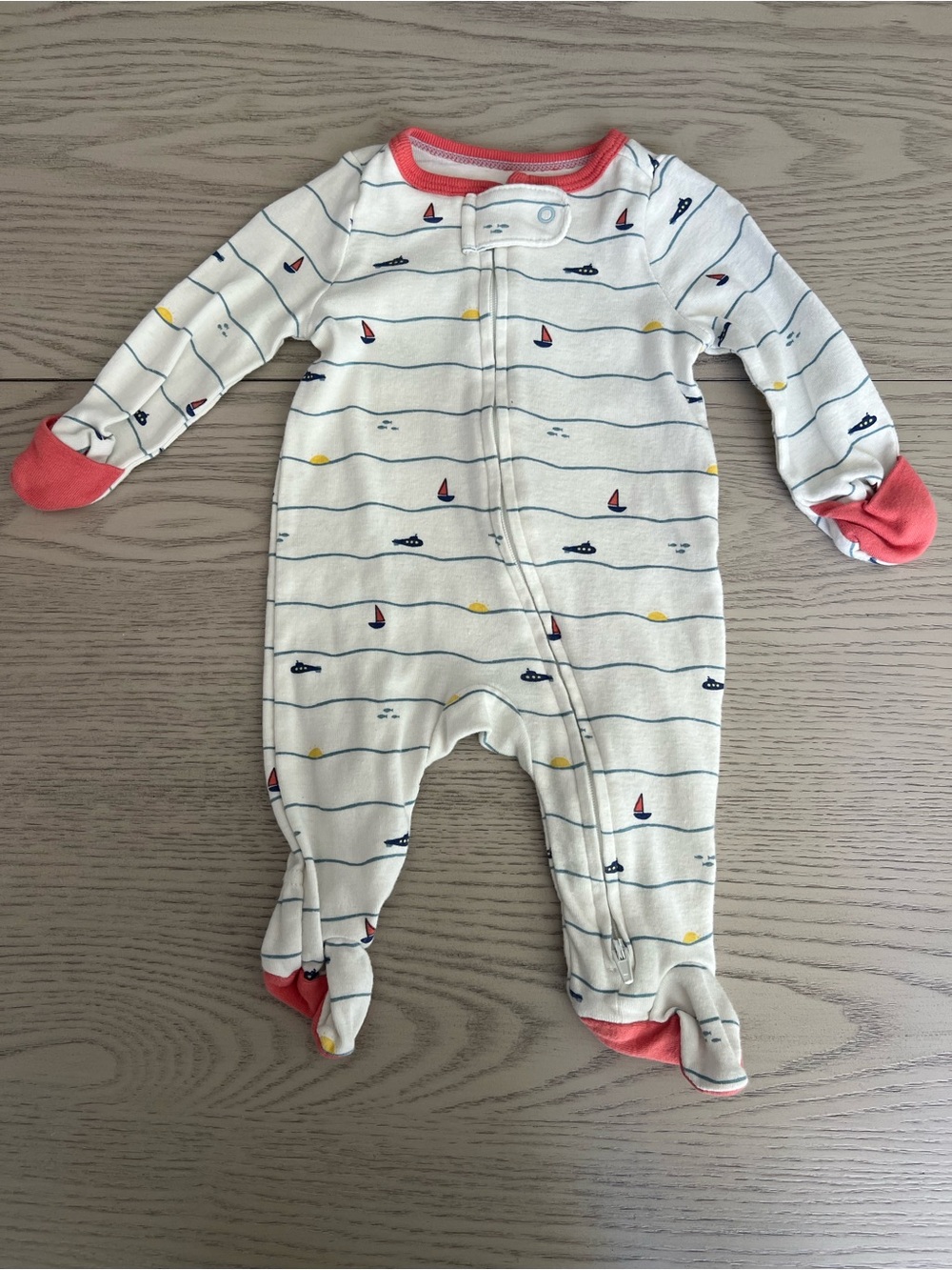 cloud island Cream Nautical Sailboat Footed One-Piece with Coral Trim